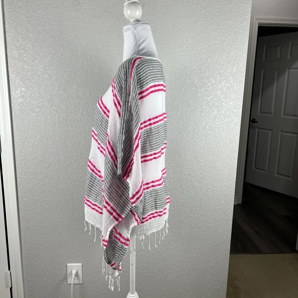 Fresh Produce Size L Gauze Fringed Poncho Blouse Cover Up Striped